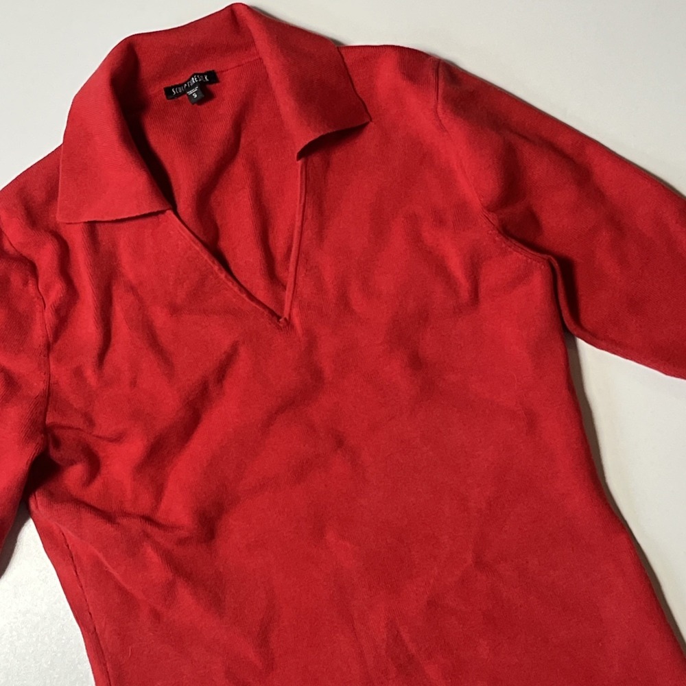 Sculpturesilk Silk Blend Ribbed V-Neck Polo Sweater Size Small Red y2k Knit Top